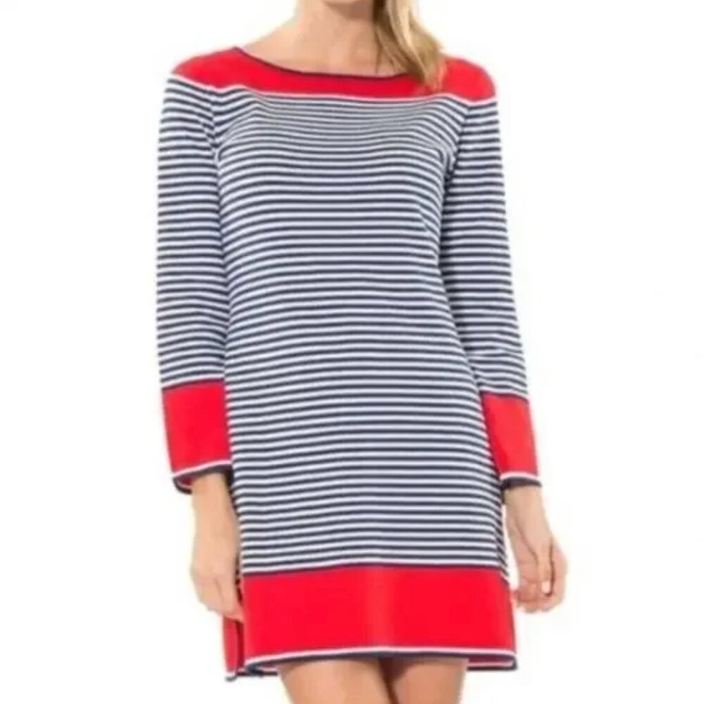 Sail to Sable Like New Coral Blue White Nautical Striped Sweater Dress M